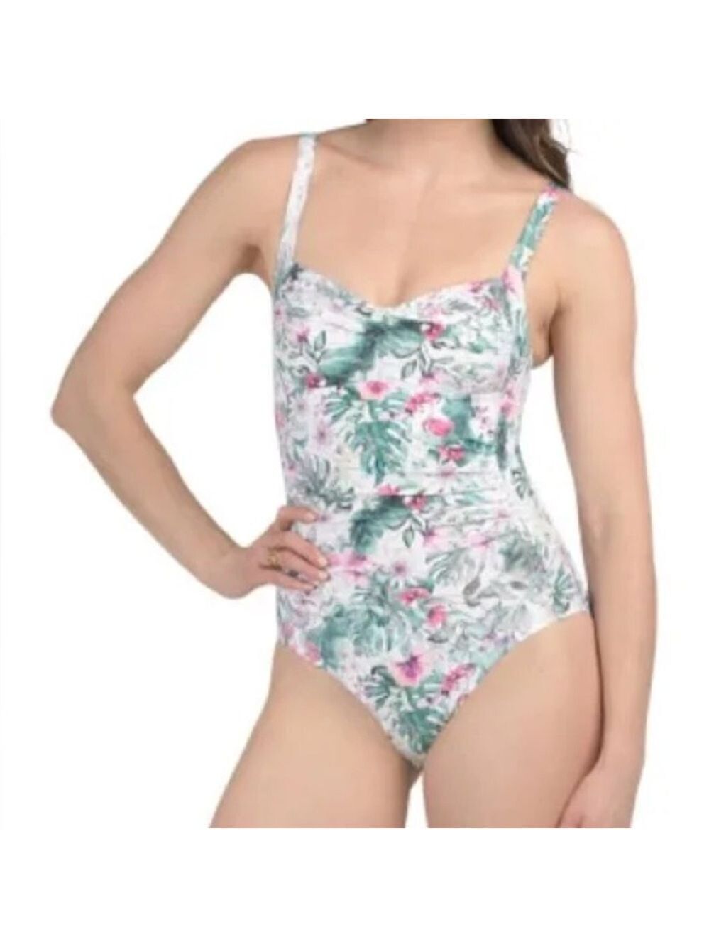 Nip Tuck One Pc Pink and Green Tropical Print Swimsuit Sz 12